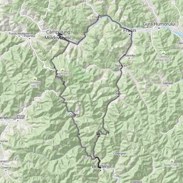 Map miniature of "Broşteni - Holdița Loop" cycling inspiration in Nord-Est, Romania. Generated by Tarmacs.app cycling route planner