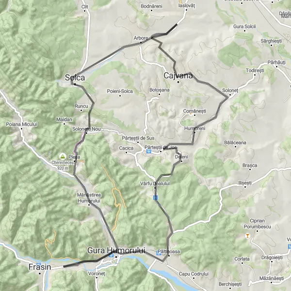 Map miniature of "Cajvana Escape" cycling inspiration in Nord-Est, Romania. Generated by Tarmacs.app cycling route planner