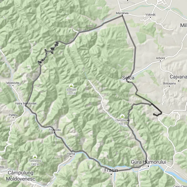 Map miniature of "Moldovița Adventure" cycling inspiration in Nord-Est, Romania. Generated by Tarmacs.app cycling route planner