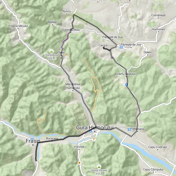 Map miniature of "The Humorului Monastery Loop" cycling inspiration in Nord-Est, Romania. Generated by Tarmacs.app cycling route planner