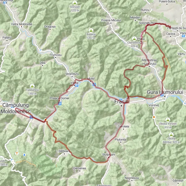 Map miniature of "The Gravel Adventure" cycling inspiration in Nord-Est, Romania. Generated by Tarmacs.app cycling route planner