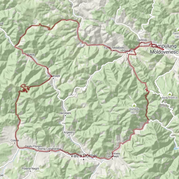 Map miniature of "Romanian Countryside Gravel Adventure" cycling inspiration in Nord-Est, Romania. Generated by Tarmacs.app cycling route planner