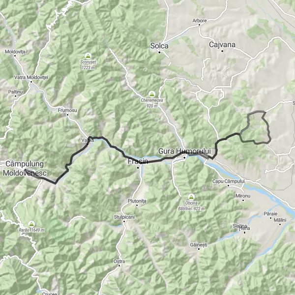 Map miniature of "Scenic Road Ride" cycling inspiration in Nord-Est, Romania. Generated by Tarmacs.app cycling route planner