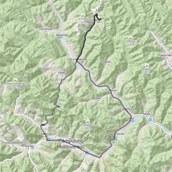 Map miniature of "The Scenic Route" cycling inspiration in Nord-Est, Romania. Generated by Tarmacs.app cycling route planner