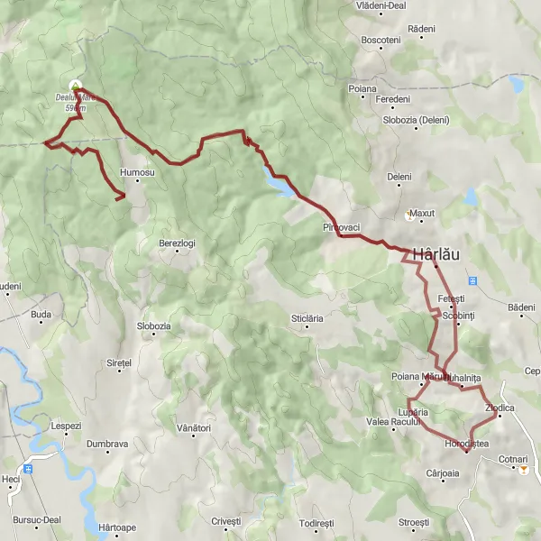 Map miniature of "Gravel Loop to Harlau, Balta Zăvoi, Dealul Mare, and Zlodica" cycling inspiration in Nord-Est, Romania. Generated by Tarmacs.app cycling route planner