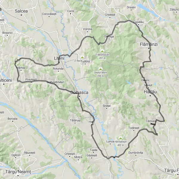 Map miniature of "Road Cycling Adventure to Pașcani, Probota, Liteni, and Coșula" cycling inspiration in Nord-Est, Romania. Generated by Tarmacs.app cycling route planner