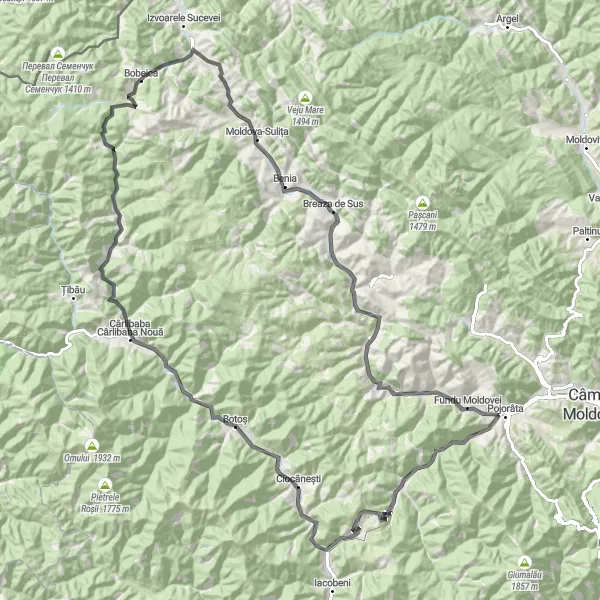 Map miniature of "Iedu and Beyond" cycling inspiration in Nord-Est, Romania. Generated by Tarmacs.app cycling route planner