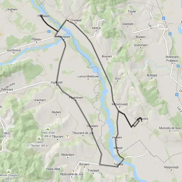 Map miniature of "The Road Ride to Cristești and Miroslovești" cycling inspiration in Nord-Est, Romania. Generated by Tarmacs.app cycling route planner