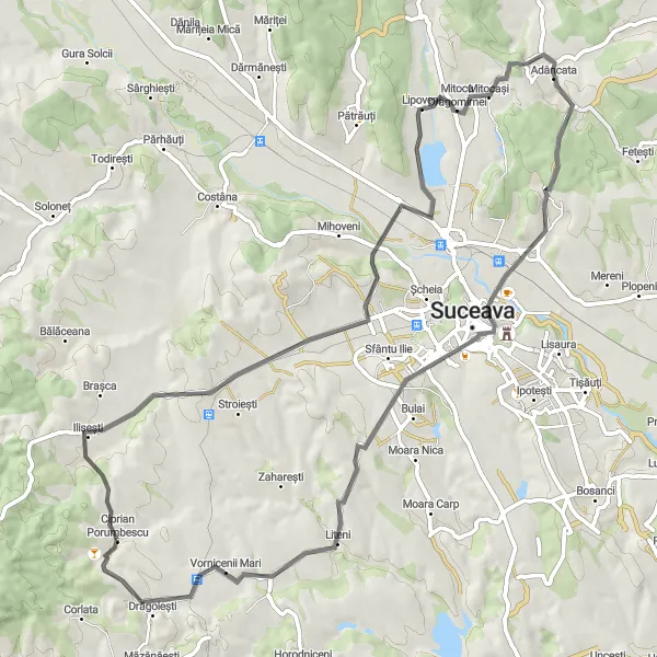 Map miniature of "Trei Movile Adventure" cycling inspiration in Nord-Est, Romania. Generated by Tarmacs.app cycling route planner