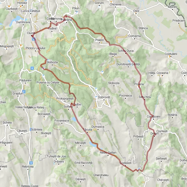 Map miniature of "Ciurea – Belvedere – Schitu Duca – Deleni – Ciurea Gravel Cycling Route" cycling inspiration in Nord-Est, Romania. Generated by Tarmacs.app cycling route planner