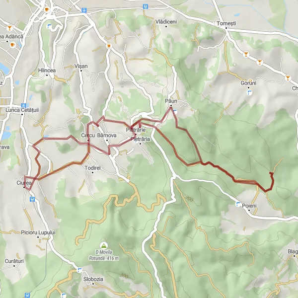 Map miniature of "Ciurea – Belvedere – Păun – Ciurea Gravel Cycling Route" cycling inspiration in Nord-Est, Romania. Generated by Tarmacs.app cycling route planner