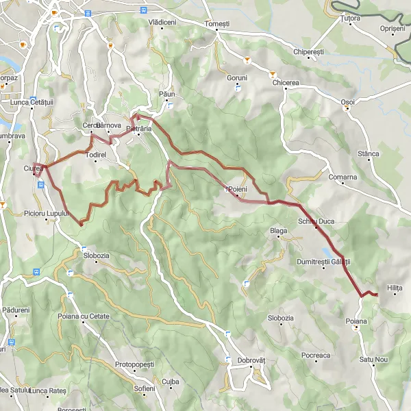 Map miniature of "Ciurea – Belvedere – Schitu Duca – Poieni – Ciurea Gravel Cycling Route" cycling inspiration in Nord-Est, Romania. Generated by Tarmacs.app cycling route planner