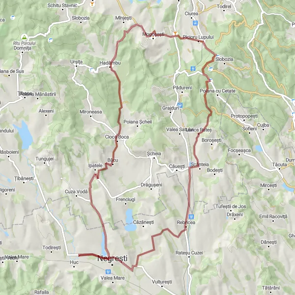 Map miniature of "Ciurea – Picioru Lupului – Negresti – Belvedere – Ciurea Gravel Cycling Route" cycling inspiration in Nord-Est, Romania. Generated by Tarmacs.app cycling route planner