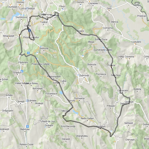 Map miniature of "Road to Poiana cu Cetate" cycling inspiration in Nord-Est, Romania. Generated by Tarmacs.app cycling route planner