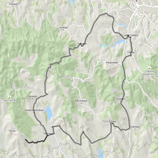 Map miniature of "Ciurea – Țibănești – Rîtu Porcului – Voinești – Ciurea Road Cycling Route" cycling inspiration in Nord-Est, Romania. Generated by Tarmacs.app cycling route planner