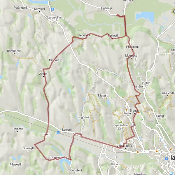 Map miniature of "Cogeasca - Popricani - Valea Lupului Round-trip" cycling inspiration in Nord-Est, Romania. Generated by Tarmacs.app cycling route planner