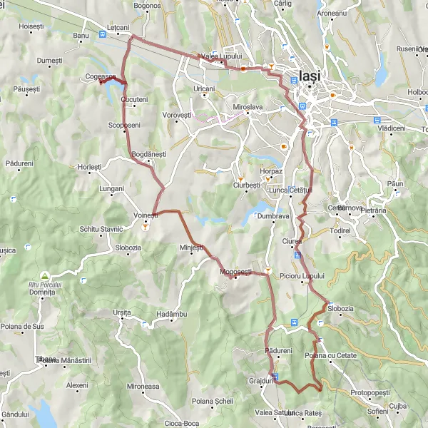 Map miniature of "Cogeasca Gravel Adventure" cycling inspiration in Nord-Est, Romania. Generated by Tarmacs.app cycling route planner