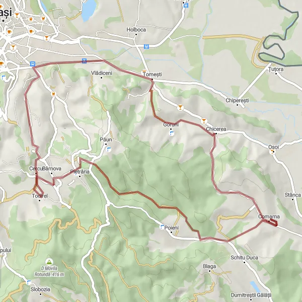 Map miniature of "Challenging Gravel Adventure" cycling inspiration in Nord-Est, Romania. Generated by Tarmacs.app cycling route planner