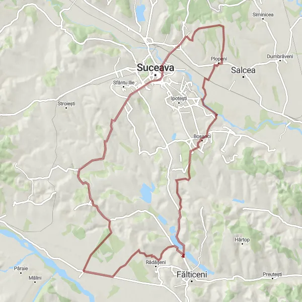 Map miniature of "Hidden Gems" cycling inspiration in Nord-Est, Romania. Generated by Tarmacs.app cycling route planner