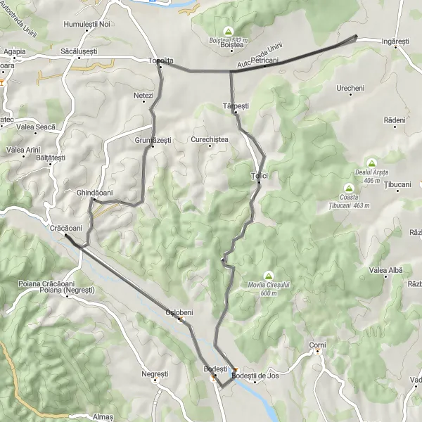 Map miniature of "Cycling through Grumăzești" cycling inspiration in Nord-Est, Romania. Generated by Tarmacs.app cycling route planner