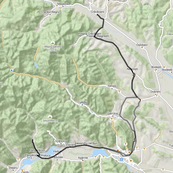 Map miniature of "Scenic Road Cycling Route in Crăcăoani" cycling inspiration in Nord-Est, Romania. Generated by Tarmacs.app cycling route planner