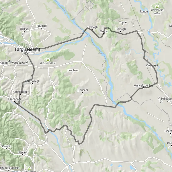 Map miniature of "The Ghindăoani Loop" cycling inspiration in Nord-Est, Romania. Generated by Tarmacs.app cycling route planner