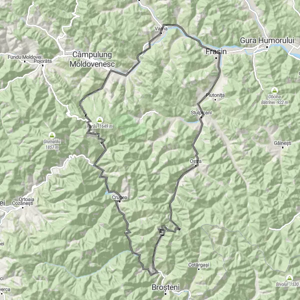 Map miniature of "Pietrele Doamnei Circuit" cycling inspiration in Nord-Est, Romania. Generated by Tarmacs.app cycling route planner