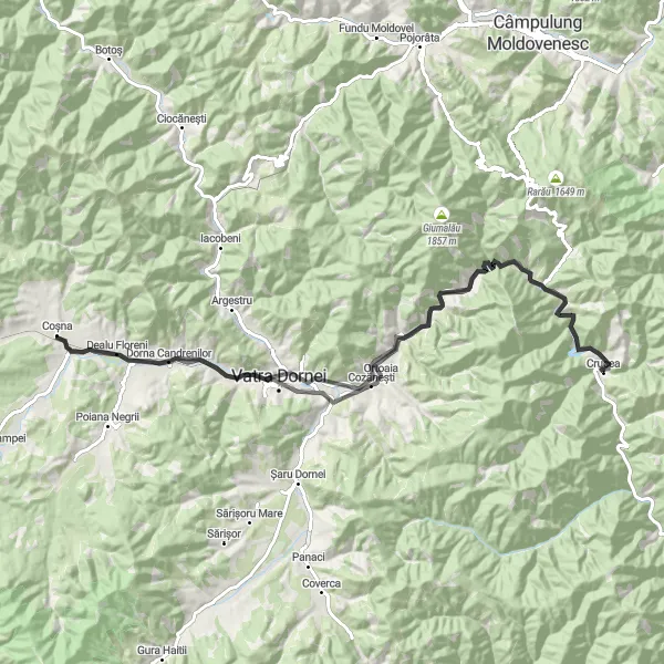 Map miniature of "Crucea - Vatra Dornei Loop" cycling inspiration in Nord-Est, Romania. Generated by Tarmacs.app cycling route planner