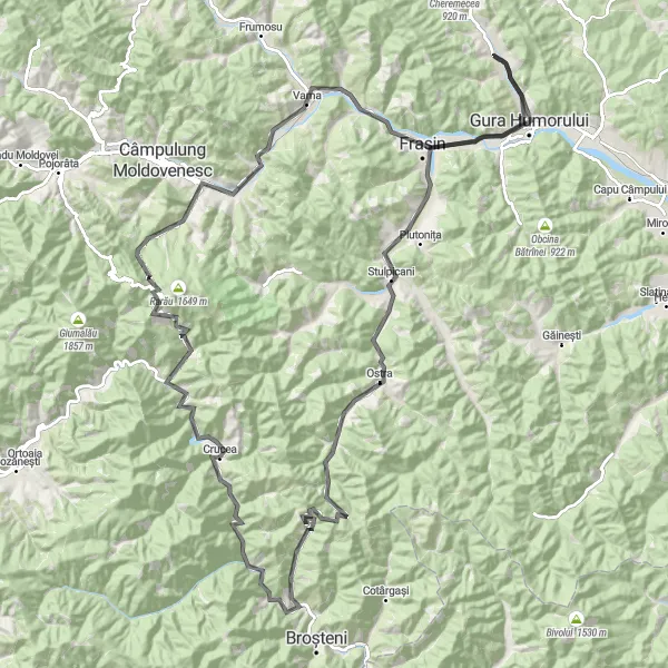 Map miniature of "Scenic Ride through Bukovina Countryside" cycling inspiration in Nord-Est, Romania. Generated by Tarmacs.app cycling route planner