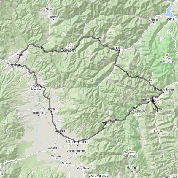 Map miniature of "Road to the Majestic Bicaz Gorges" cycling inspiration in Nord-Est, Romania. Generated by Tarmacs.app cycling route planner