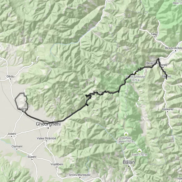 Map miniature of "The Scenic Road Adventure" cycling inspiration in Nord-Est, Romania. Generated by Tarmacs.app cycling route planner