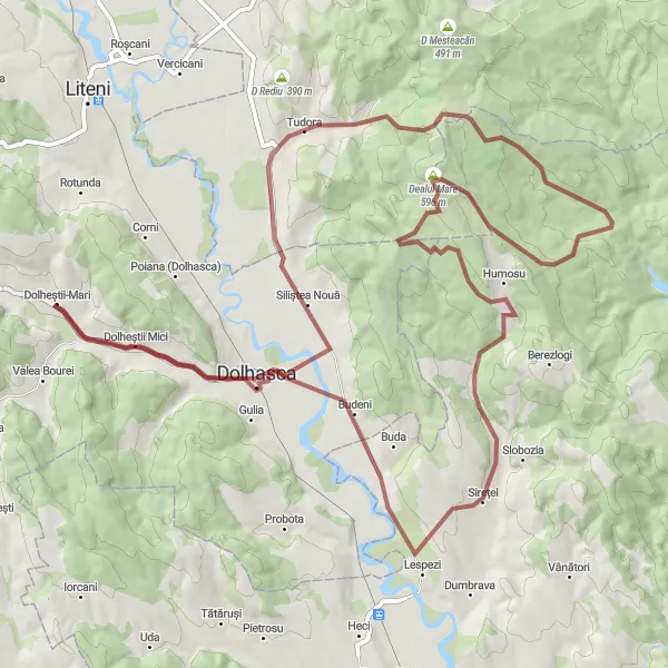 Map miniature of "Challenging Gravel Ride through Dolhasca and Coasta Șurii" cycling inspiration in Nord-Est, Romania. Generated by Tarmacs.app cycling route planner