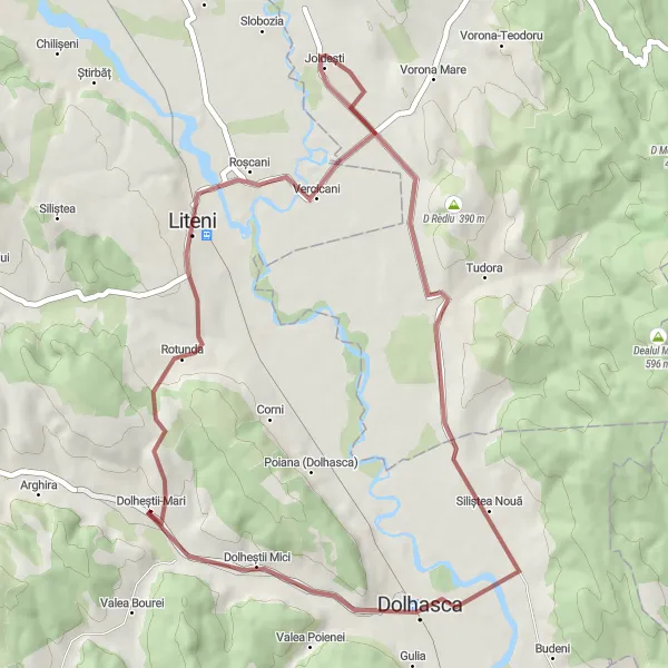 Map miniature of "Gravel Adventure through Liteni and Dolhasca" cycling inspiration in Nord-Est, Romania. Generated by Tarmacs.app cycling route planner