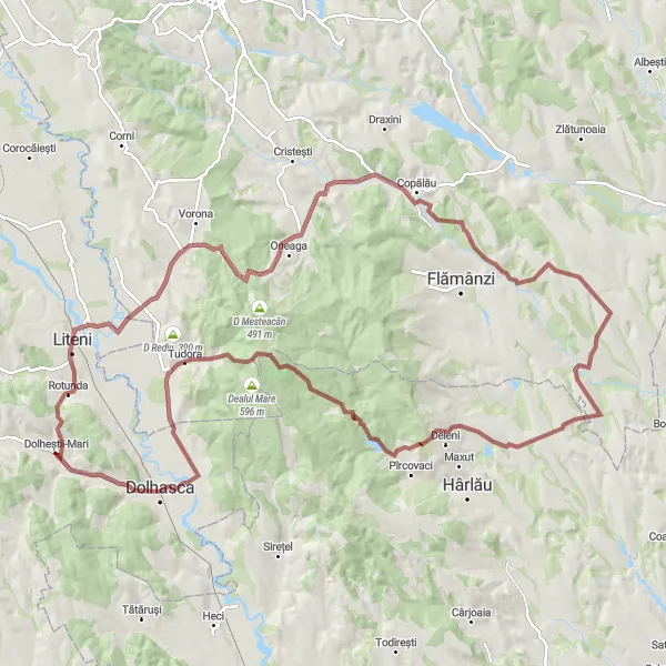 Map miniature of "Medieval Coșula Gravel Adventure" cycling inspiration in Nord-Est, Romania. Generated by Tarmacs.app cycling route planner