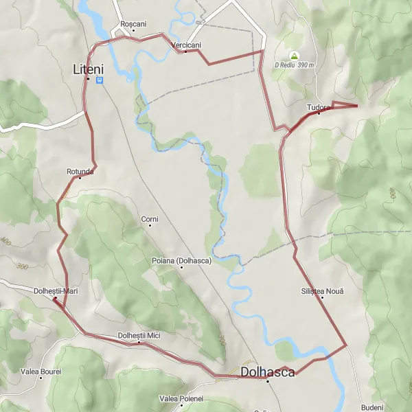 Map miniature of "Scenic Gravel Ride to Vercicani and Dolhasca" cycling inspiration in Nord-Est, Romania. Generated by Tarmacs.app cycling route planner