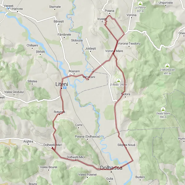 Map miniature of "Exploring Dolhasca and Dolheștii-Mari Gravel Ride" cycling inspiration in Nord-Est, Romania. Generated by Tarmacs.app cycling route planner