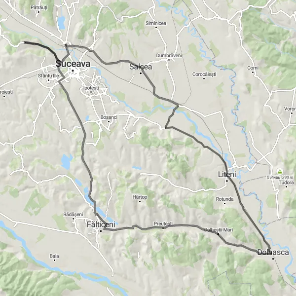 Map miniature of "Ultimate Road Cycling Adventure through Cumpărătura and Ițcani" cycling inspiration in Nord-Est, Romania. Generated by Tarmacs.app cycling route planner