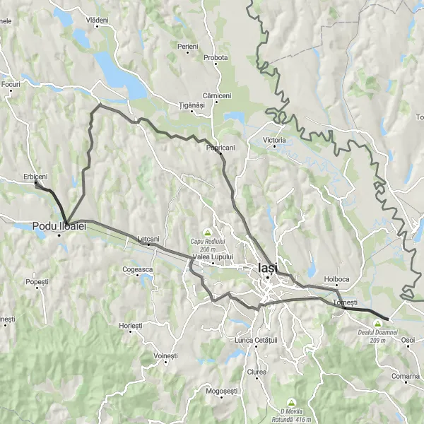 Map miniature of "The Erbiceni Loop" cycling inspiration in Nord-Est, Romania. Generated by Tarmacs.app cycling route planner