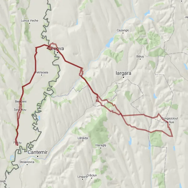 Map miniature of "Fălciu Gravel Adventure" cycling inspiration in Nord-Est, Romania. Generated by Tarmacs.app cycling route planner