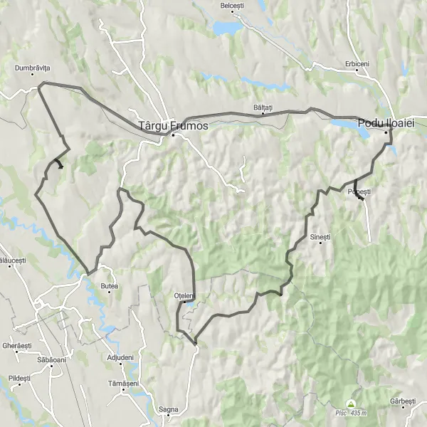 Map miniature of "Podu Iloaiei Loop" cycling inspiration in Nord-Est, Romania. Generated by Tarmacs.app cycling route planner
