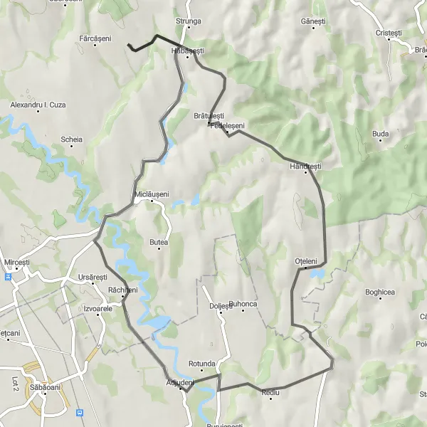 Map miniature of "Rural Heritage" cycling inspiration in Nord-Est, Romania. Generated by Tarmacs.app cycling route planner