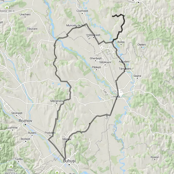 Map miniature of "The Adjudeni - Siliștea - Budești - Tupilați - Hăbășești Loop" cycling inspiration in Nord-Est, Romania. Generated by Tarmacs.app cycling route planner