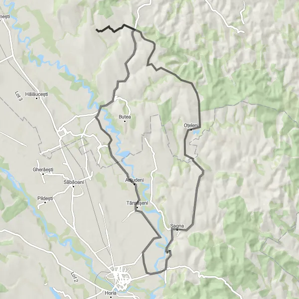 Map miniature of "Răchiteni Loop" cycling inspiration in Nord-Est, Romania. Generated by Tarmacs.app cycling route planner