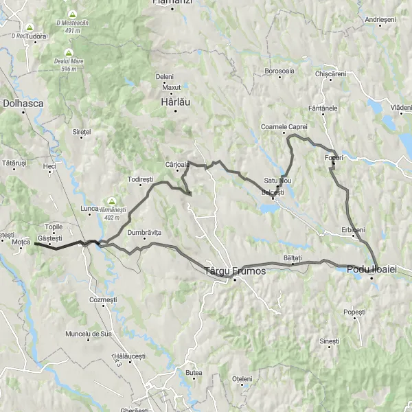 Map miniature of "Budăi and Cotnari Road Cycling Route" cycling inspiration in Nord-Est, Romania. Generated by Tarmacs.app cycling route planner