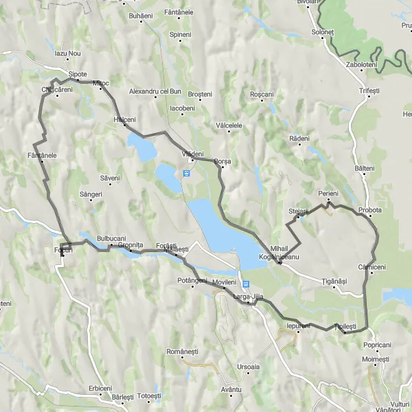 Map miniature of "Fântânele and Stejarii Road Cycling Route" cycling inspiration in Nord-Est, Romania. Generated by Tarmacs.app cycling route planner