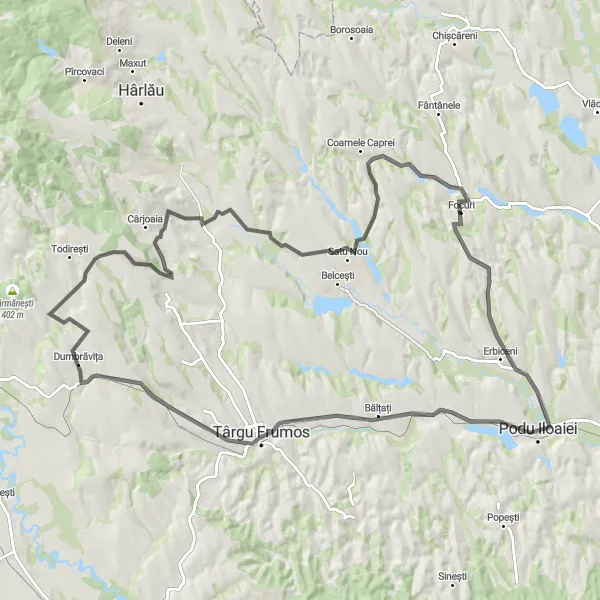 Map miniature of "Budăi and Cotnari Gravel Cycling Route" cycling inspiration in Nord-Est, Romania. Generated by Tarmacs.app cycling route planner