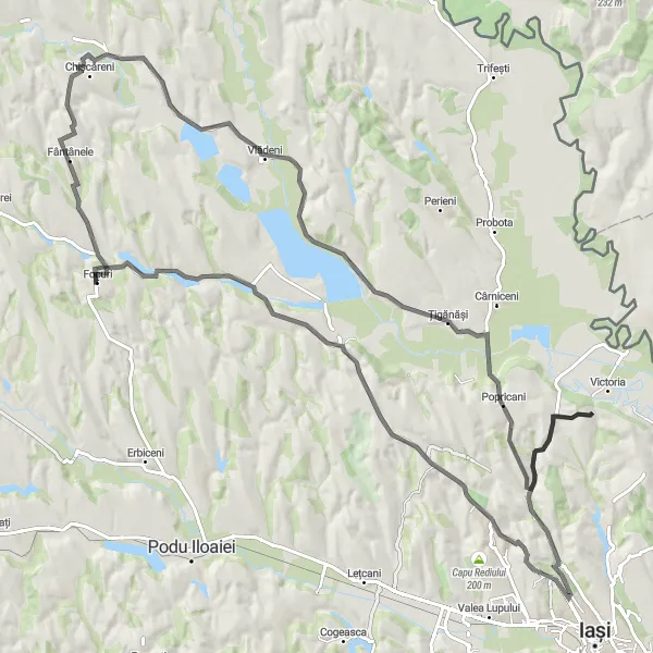 Map miniature of "Fântânele and Popricani Road Cycling Route" cycling inspiration in Nord-Est, Romania. Generated by Tarmacs.app cycling route planner