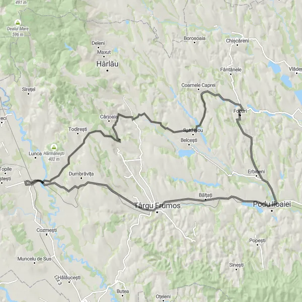 Map miniature of "The Budăi and Ruginoasa Circuit" cycling inspiration in Nord-Est, Romania. Generated by Tarmacs.app cycling route planner