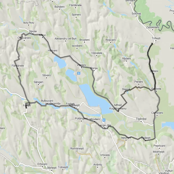 Map miniature of "The Fântânele and Stejarii Loop" cycling inspiration in Nord-Est, Romania. Generated by Tarmacs.app cycling route planner