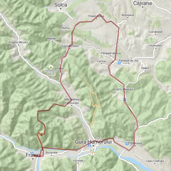 Map miniature of "Humor Monastery and Gura Humorului Loop" cycling inspiration in Nord-Est, Romania. Generated by Tarmacs.app cycling route planner
